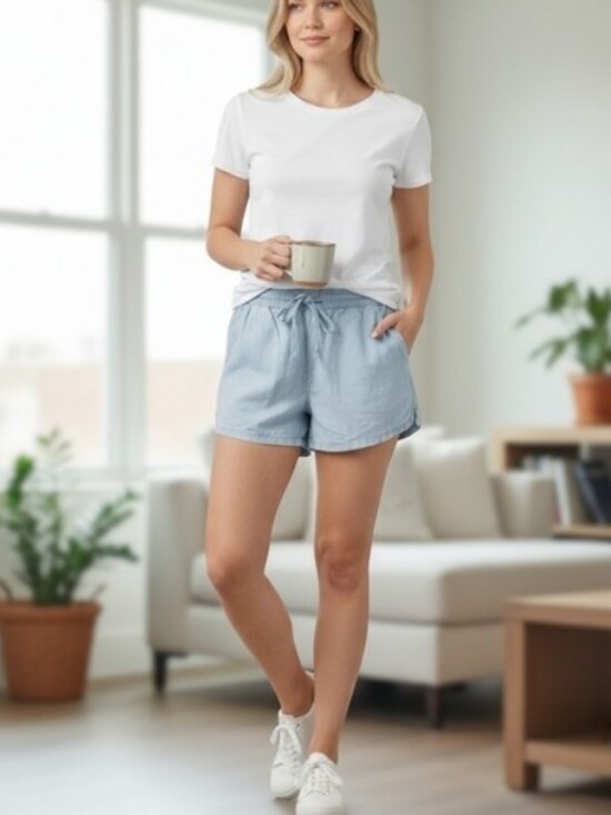 aerie Pants - Aerie Chambray Drawstring Shorts Womens Light Blue Smocked Waist